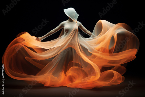 Lifestyle, fashion and style concept. Long exposure of woman dancer silhouette with long dress in black background. Glowing colorful light trails motion effect. Futuristic and surreal style