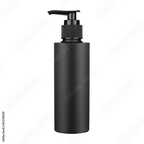 Black Blank plastic bottle mockup with pump dispenser  on isolated background. Blank packaging for cosmetic products like cream or lotion, as well as cream, hair gel, acrylic paint, sauce and more.