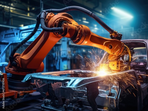 Industrial robot is welding assembly steel part in car factory photo