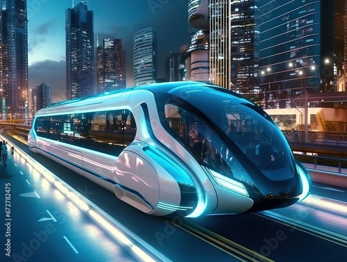 and robots. Futuristic monorail transport. Concept of future. Realistic 4K animation. photo