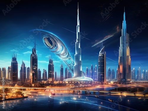 Arabian watching night cityscape of Dubai with modern futuristic architecture in United Arab Emirates