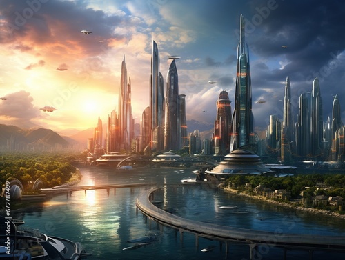 Futuristic Sci Fi City In The Sunset © Nipon