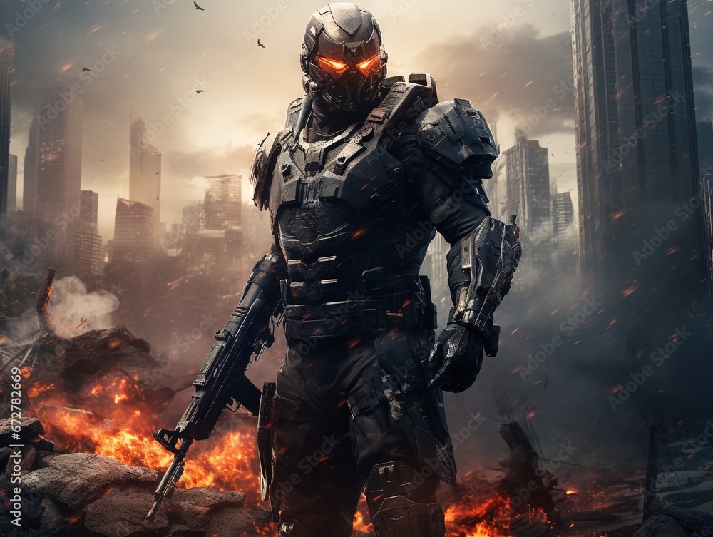 Futuristic soldier in the dystopian Futuristic soldier in the dystopian