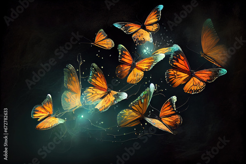 glowing butterflies on a dark background, Generative Ai © Alexandr