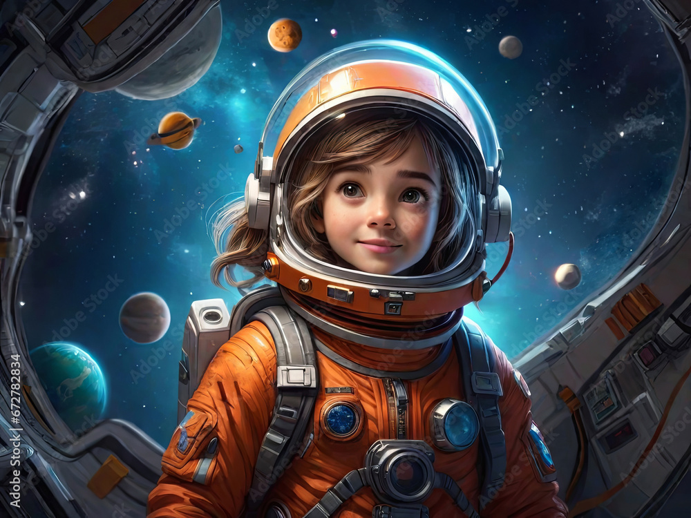 A small child in an astronaut costume smiles. Girl in an astronaut costume against the background of outer space A small child in an astronaut costume smiles. Girl in an astronaut costume against the background of outer space