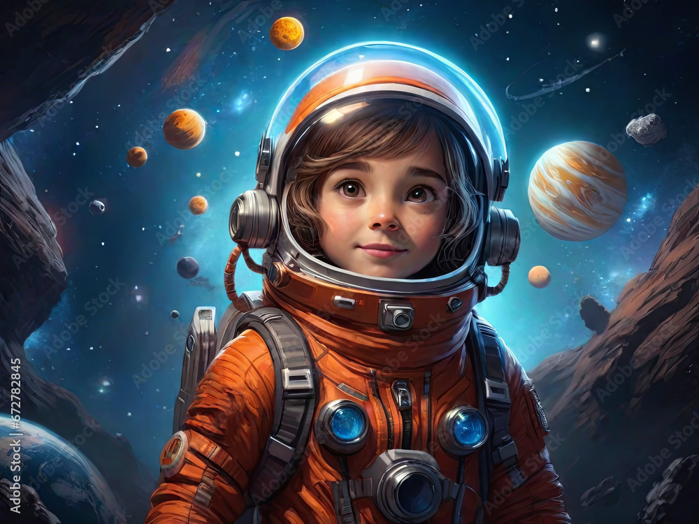 A small child in an astronaut costume smiles. Girl in an astronaut costume against the background of outer space A small child in an astronaut costume smiles. Girl in an astronaut costume against the background of outer space