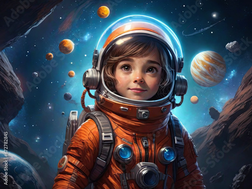 A small child in an astronaut costume smiles. Girl in an astronaut costume against the background of outer space
