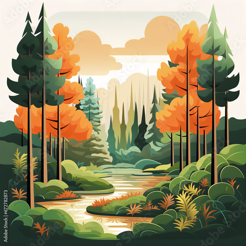 Vibrant Cartoon Forest Illustration with Two Characters in Bold Colors and Clean Lines