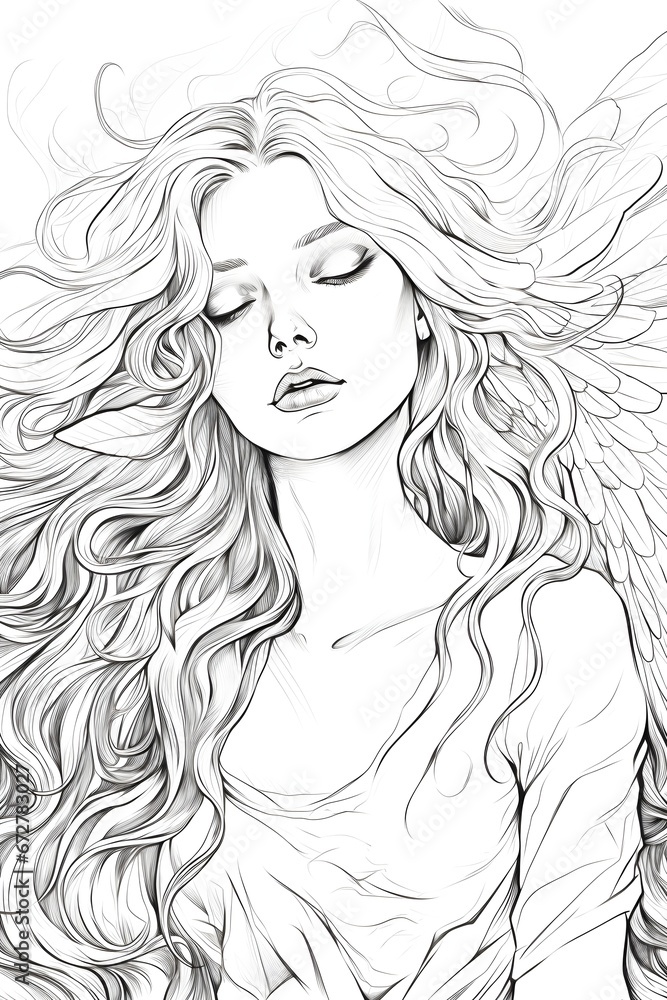 beautiful angel illustration in black and white sketch line art