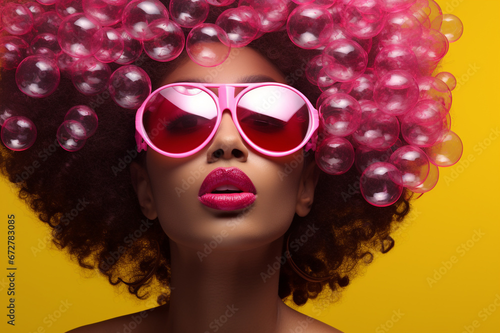Fashion, make-up, style concept. Beautiful afro woman with soap bubbles and sunglasses minimalist close-up studio portrait. Vivid colors, pop-art style - obrazy, fototapety, plakaty 