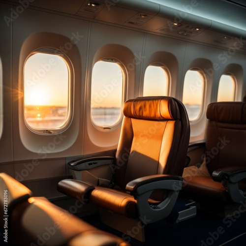 Empty aircraft seats and windows, passenger seat interior airplane,