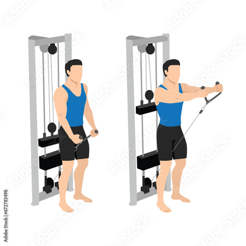 Man doing Cable rope front raise exercise. Flat vector illustration isolated on white background