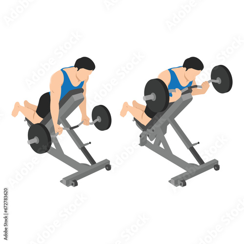 Man doing reverse incline bench barbell curl exercise. Flat vector illustration isolated on white background