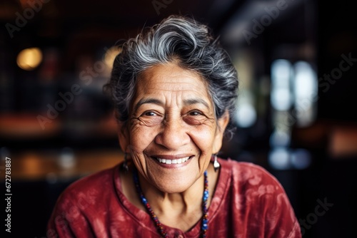 Smiling hispanic senior woman posing inside a restaurant