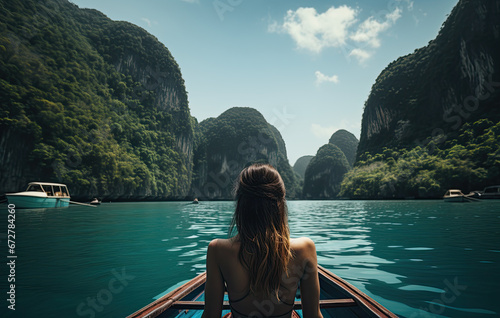 beautiful woman on bow boat to view beautiful sights in phuket