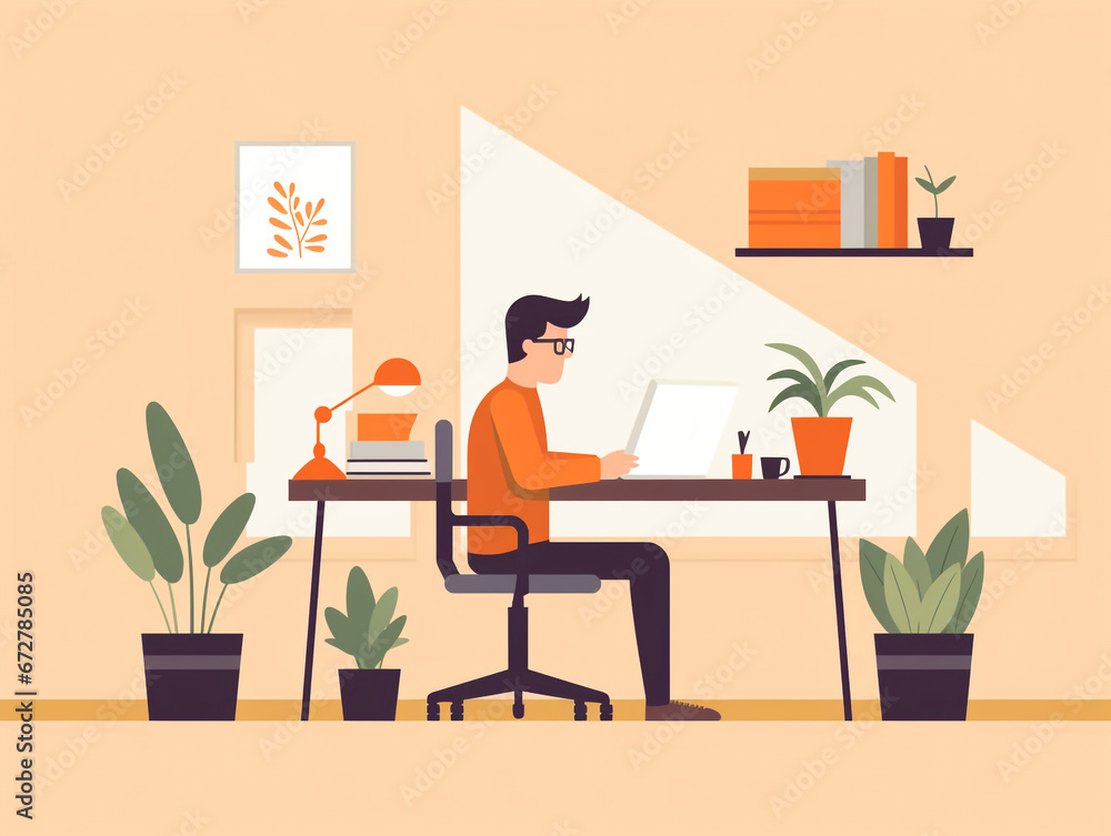 Fototapeta premium A man is working in an office. Using a computer. 2D illustration image.