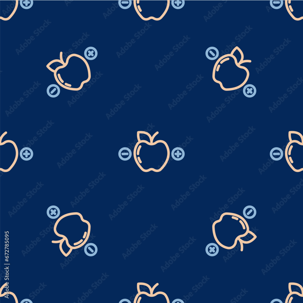 Line Calorie calculator icon isolated on isolated seamless pattern on blue background. Calorie count. Diet. Weight loss. Portion control. Healthy eating. Dietary nutrition. Vector Line Calorie calculator icon isolated on isolated seamless pattern on blue background. Calorie count. Diet. Weight loss. Portion control. Healthy eating. Dietary nutrition. Vector