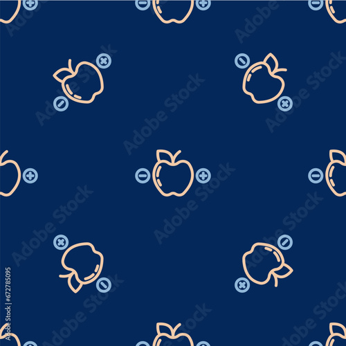 Line Calorie calculator icon isolated on isolated seamless pattern on blue background. Calorie count. Diet. Weight loss. Portion control. Healthy eating. Dietary nutrition. Vector