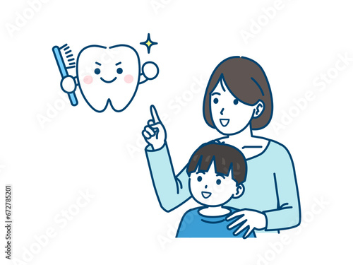息子に歯磨きを教える母親のイラスト