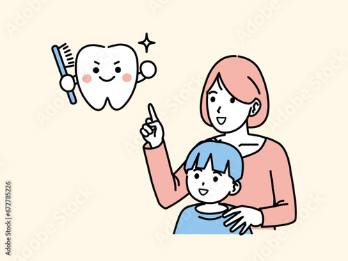 息子に歯磨きを教える母親のイラスト