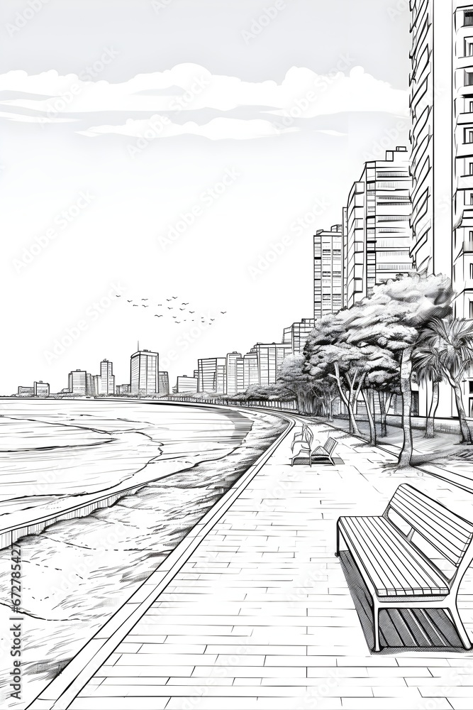 beach near the city black and white line art sketch illustration