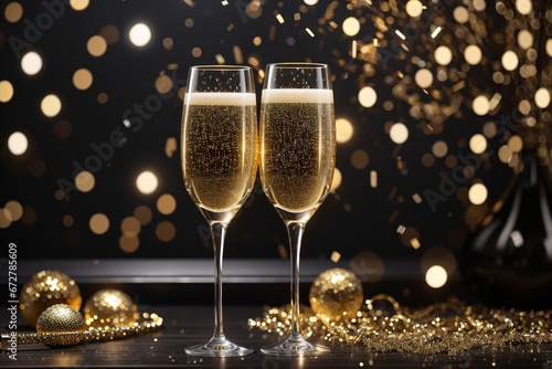 Celebration Concept: Champagne Glasses and Ribbons. Holiday, Christmas, New Year