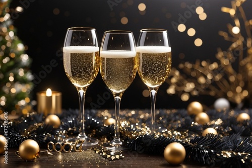 Champagne Toast for Celebrations with Glitter and Lights. New Year, Holiday, Christmas