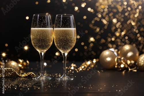 New Year's Eve Celebration: Two Glasses of Champagne with Glitter and Lights. New Year, Holiday, Christmas