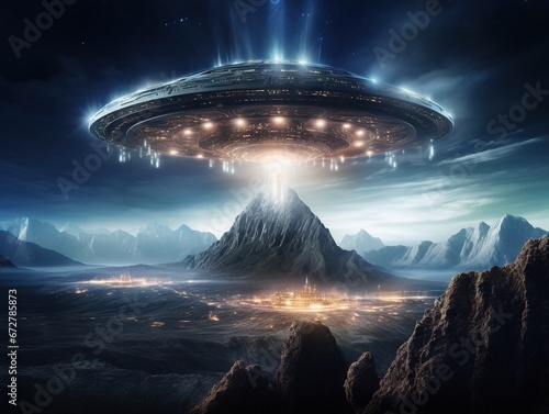Photographie Aliens space ship above colony on planet Earth