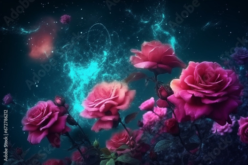 Roses against the backdrop of space. AI Generated