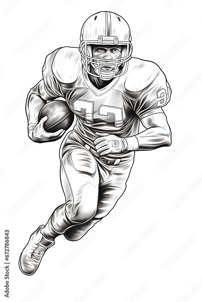 rugby player illustration in black and white line art sketch