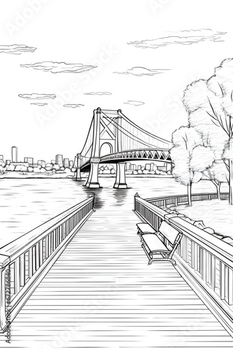 large bridge at the river line art black and white illustration