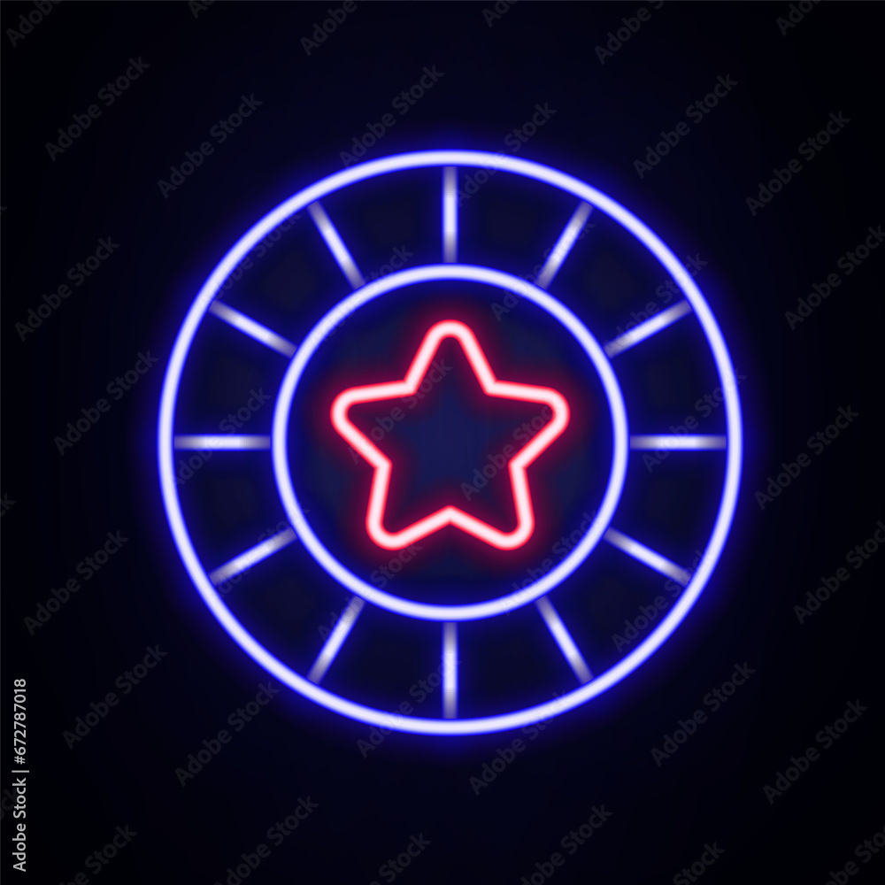 Glowing neon line Casino chips icon isolated on brick wall background. Casino gambling. Colorful outline concept. Vector Glowing neon line Casino chips icon isolated on brick wall background. Casino gambling. Colorful outline concept. Vector