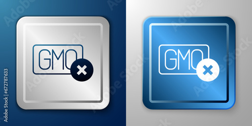 White No GMO icon isolated on blue and grey background. Genetically modified organism acronym. Dna food modification. Silver and blue square button. Vector