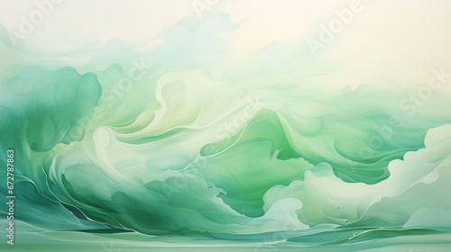 Abstract background with green waves and landscape painting