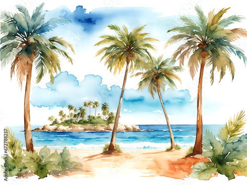 Sunset. Ocean beach with palm trees. Colored sky with clouds. Spring break or Summer vacations in Florida. Beautiful Seascape. Watercolor painting. Acrylic drawing art. A piece of art.