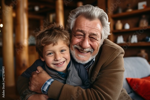 Warm Embrace Between Grandfather and Grandson in Cozy Cabin