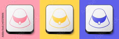Isometric Handbag icon isolated on pink, yellow and blue background. Female handbag sign. Glamour casual baggage symbol. Square button. Vector