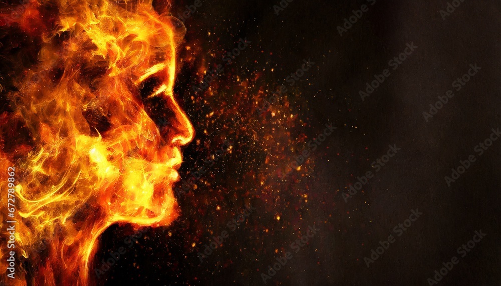 Profile silhouette of a face in fire form on a dark background