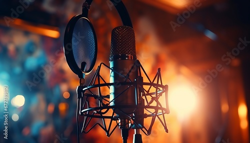 Studio microphone on blurred background with audio mixer, music concept, 16k resolution.