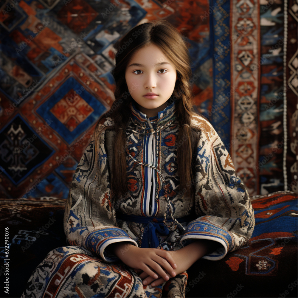 image of a 13-year-old girl of Kazakh origin sitting in a setting that reflects her Kazakh heritage.