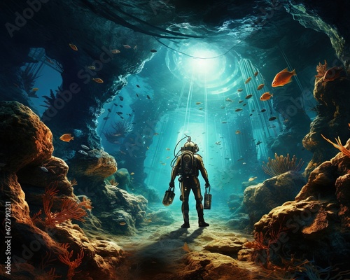 Duck Deep-sea diver exploring underwater caves