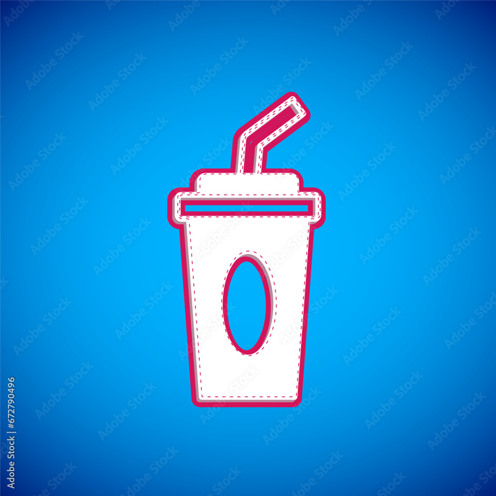 White Paper glass with drinking straw and water icon isolated on blue background. Soda drink glass. Fresh cold beverage symbol. Vector White Paper glass with drinking straw and water icon isolated on blue background. Soda drink glass. Fresh cold beverage symbol. Vector
