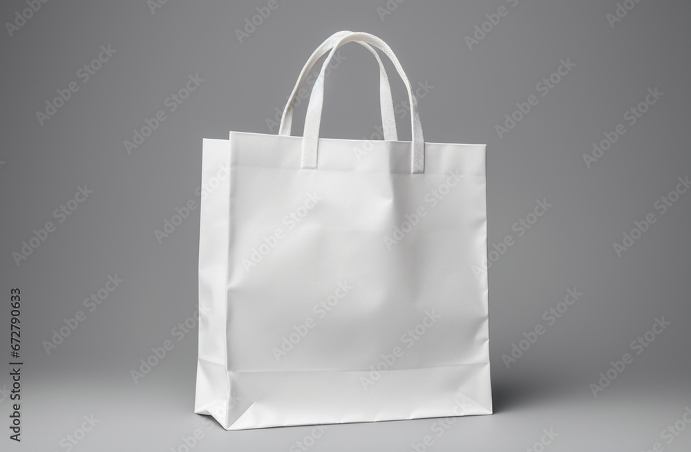 An empty white paper shopping bag sits on a clean white surface, surrounded by white studio lighting. It's perfect for product ad branding and CI retouching. Generative AI. An empty white paper shopping bag sits on a clean white surface, surrounded by white studio lighting. It's perfect for product ad branding and CI retouching. Generative AI.
