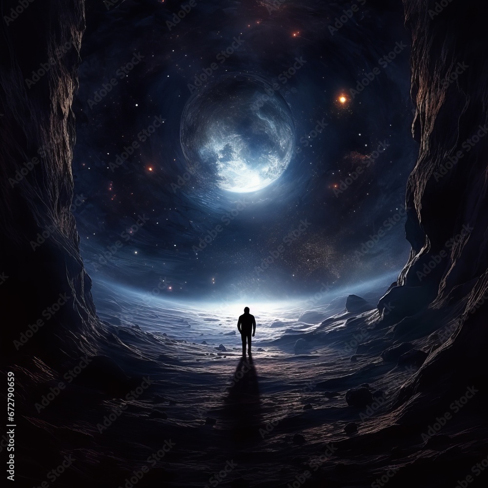 Fototapeta premium Under the cosmic starry sky, a mysterious and ancient atmosphere