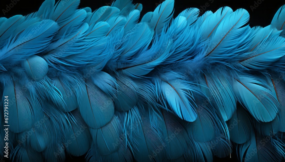 Obraz premium vibrant blue feathers texture background with detailed artistic rendering of large bird feathers