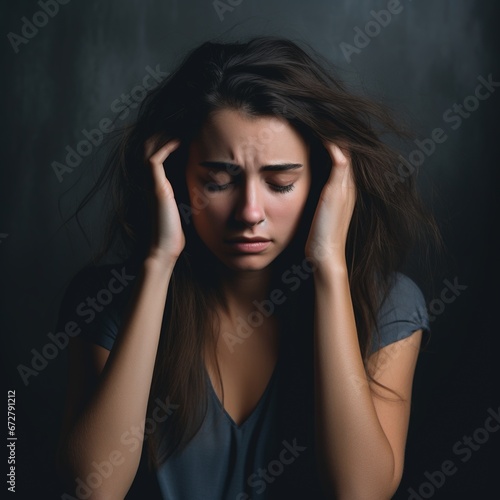 Woman with hands in hair looking depressed dark, lonely sad with anxiety mental health problem, worried. 