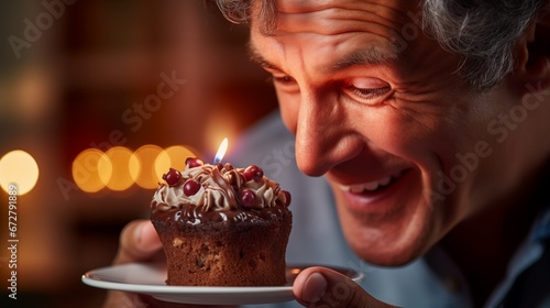 Ein Mann freut sich über die Kerze, die wie ein Muffin aussieht, oder ist es ein Muffin? photo