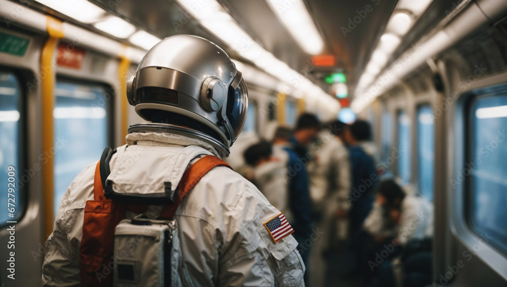 Astronaut wearing space suit is using subway to go to work, rear view generative ai illustration
