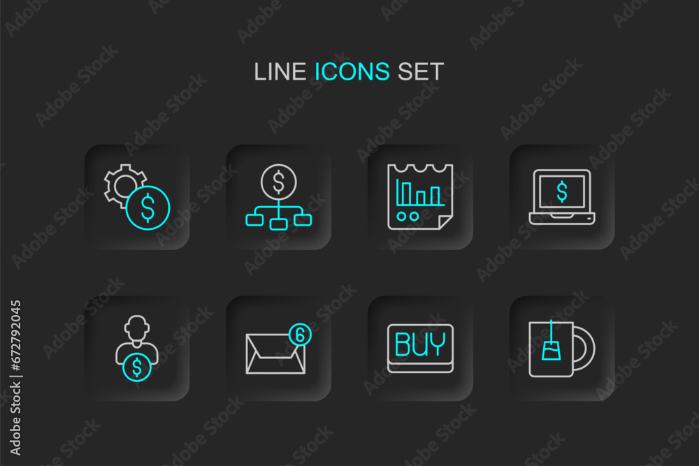 Set line Cup of tea, Buy button, Mail and e-mail, Business investor, Laptop with dollar, Document graph chart, Hierarchy and Gear symbol icon. Vector Set line Cup of tea, Buy button, Mail and e-mail, Business investor, Laptop with dollar, Document graph chart, Hierarchy and Gear symbol icon. Vector